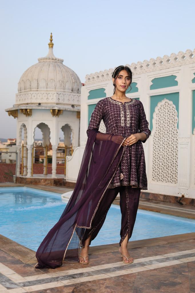 Mahroom Diamonds - Mahroon Silk Top with Tulip Pants &amp; Dupatta by Vastra by Monty