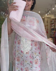 Soft Floral White linen Kurti Set