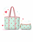Mint Green Heart Stripe Cotton Quilted Tote Bag with Matching Pouch – 12x12 Inches